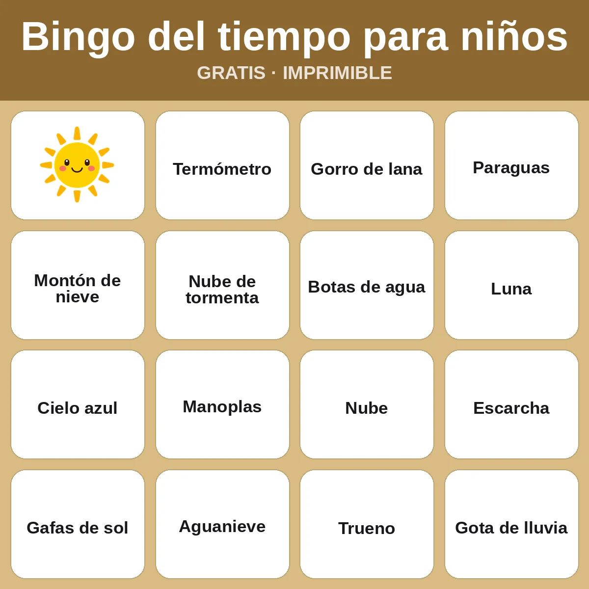 Bingo del tiempo para niños – bingo gratis para imprimir para niños