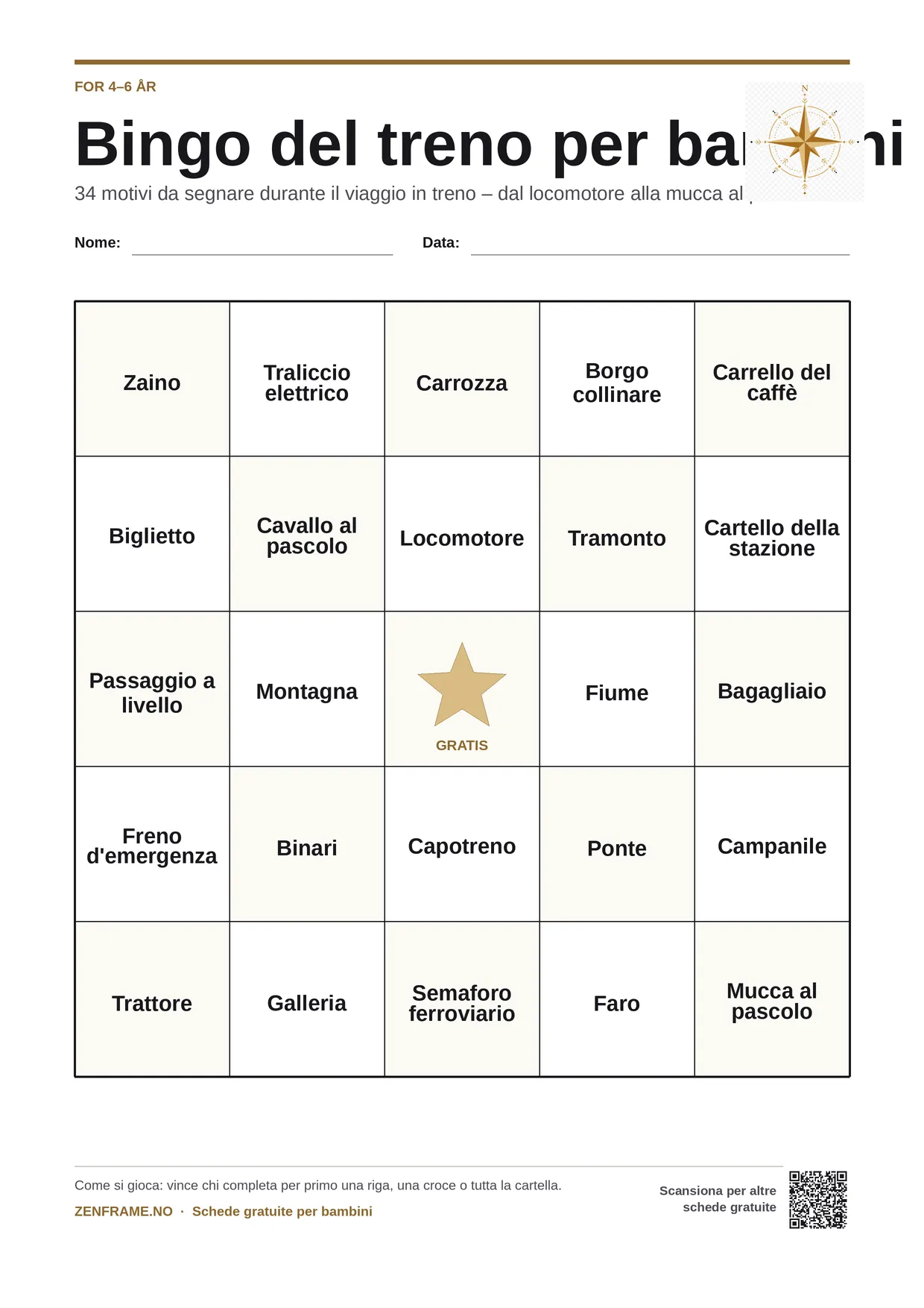 Bingo del treno per bambini 4–6 anni – cartella A4 gratis da stampare