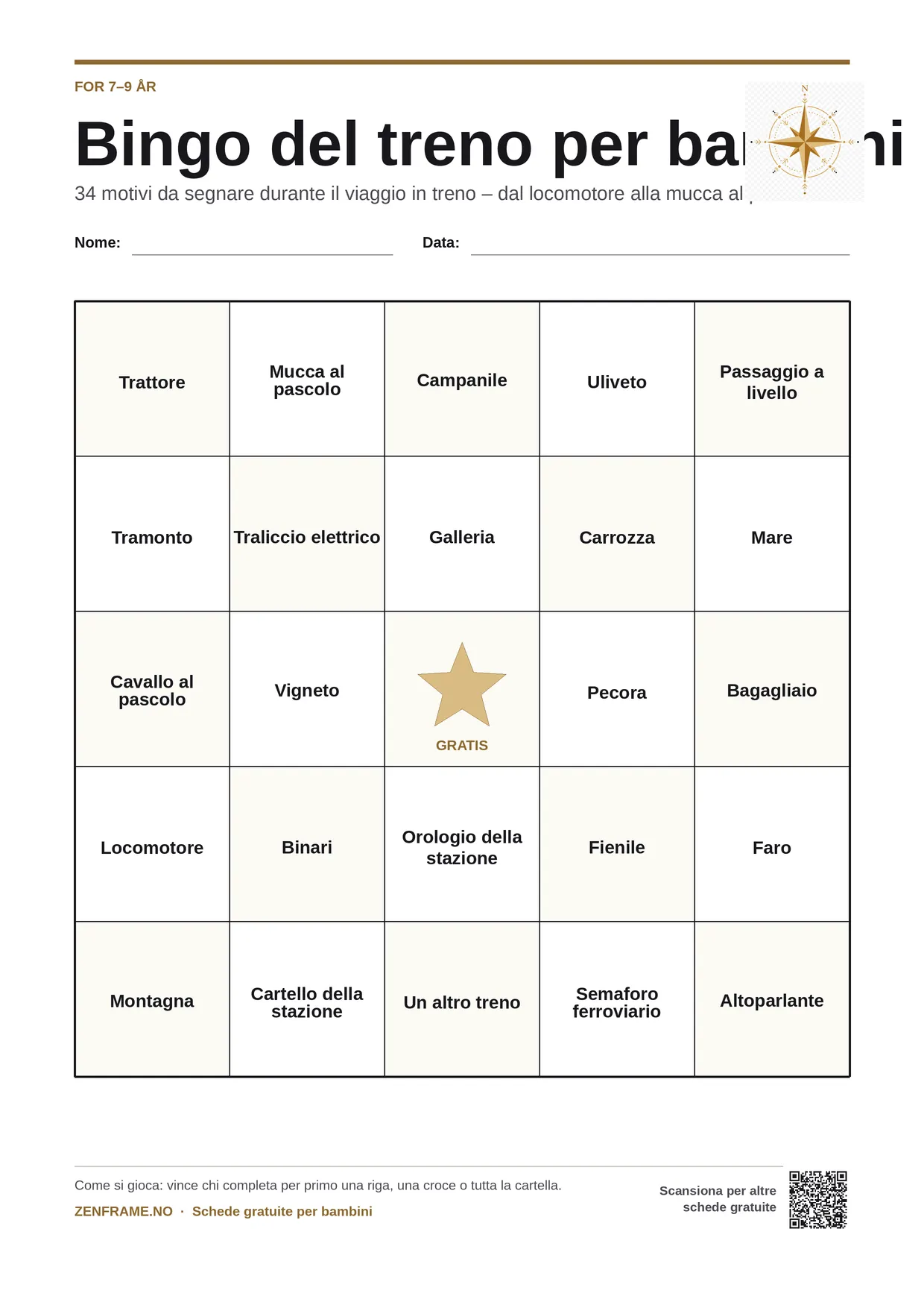 Bingo del treno per bambini 7–9 anni – cartella A4 gratis da stampare