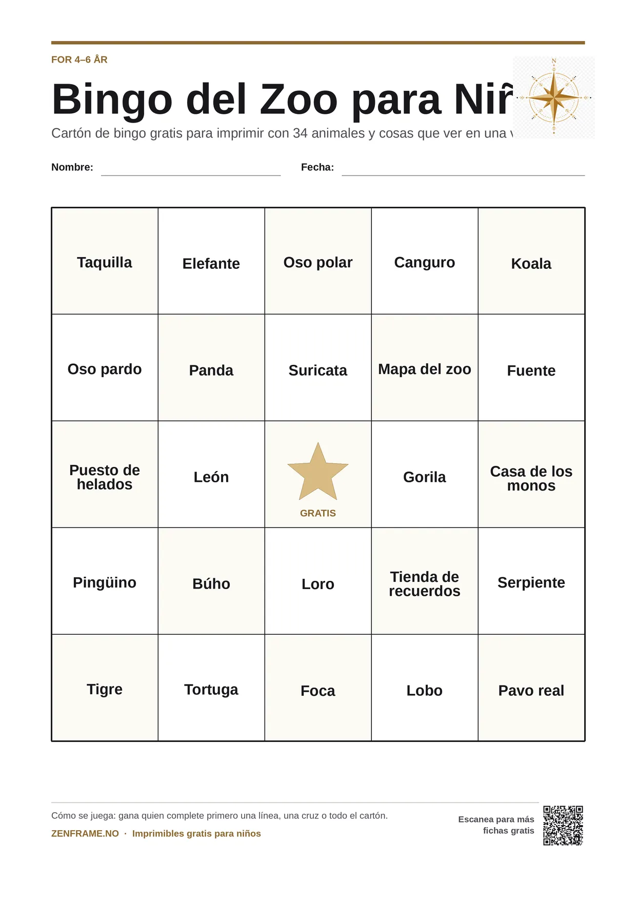Bingo del Zoo para Niños para niños 4–6 años – tablero A4 gratis para imprimir