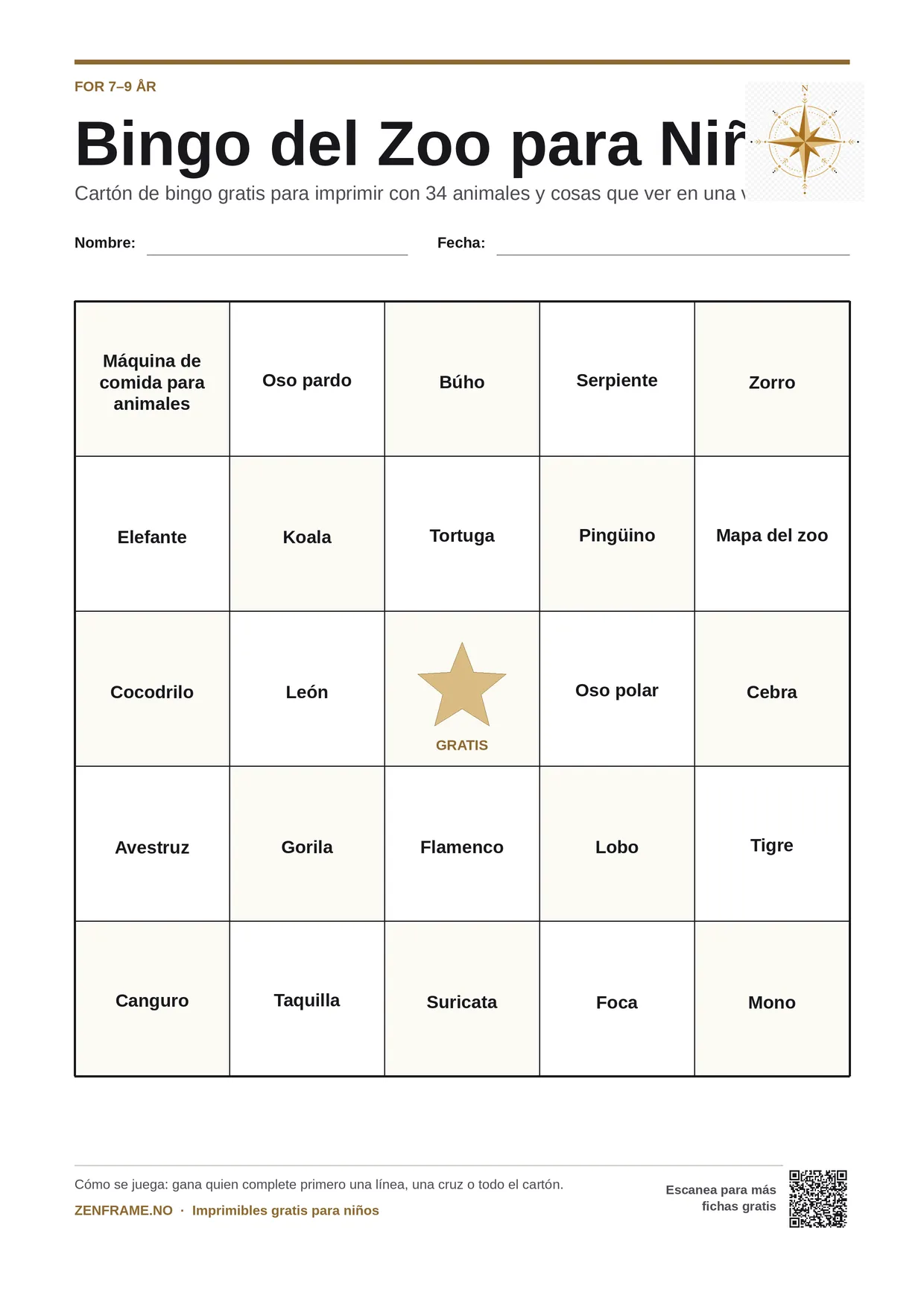 Bingo del Zoo para Niños para niños 7–9 años – tablero A4 gratis para imprimir