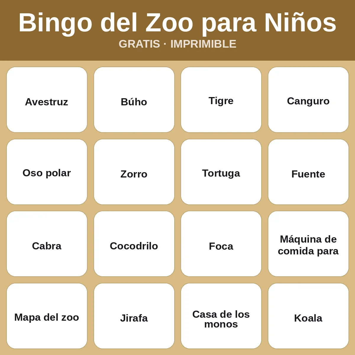 Bingo del Zoo para Niños – bingo gratis para imprimir para niños