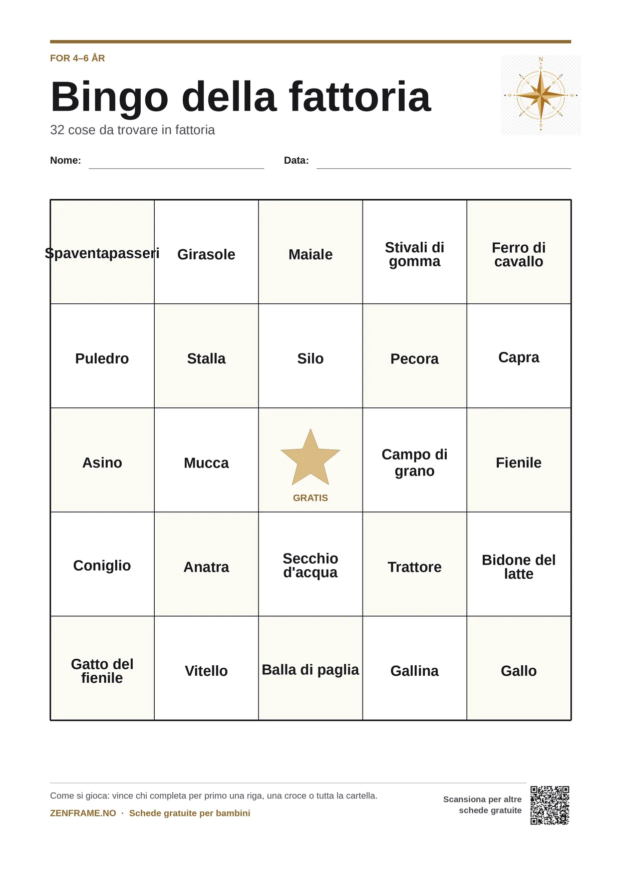 Bingo della fattoria per bambini 4–6 anni – cartella A4 gratis da stampare