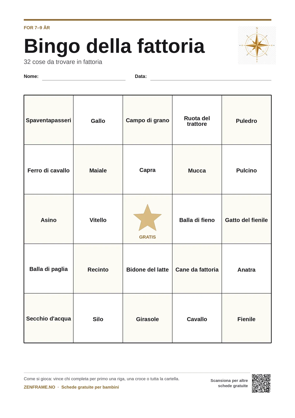Bingo della fattoria per bambini 7–9 anni – cartella A4 gratis da stampare