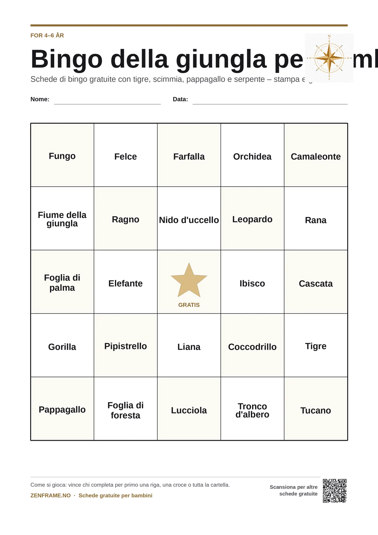 Bingo della giungla per bambini 4–6 anni – cartella A4 gratis da stampare