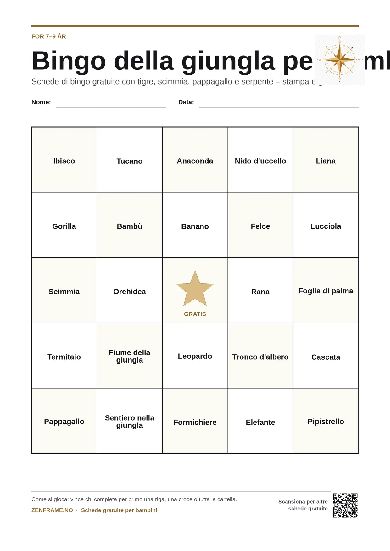 Bingo della giungla per bambini 7–9 anni – cartella A4 gratis da stampare