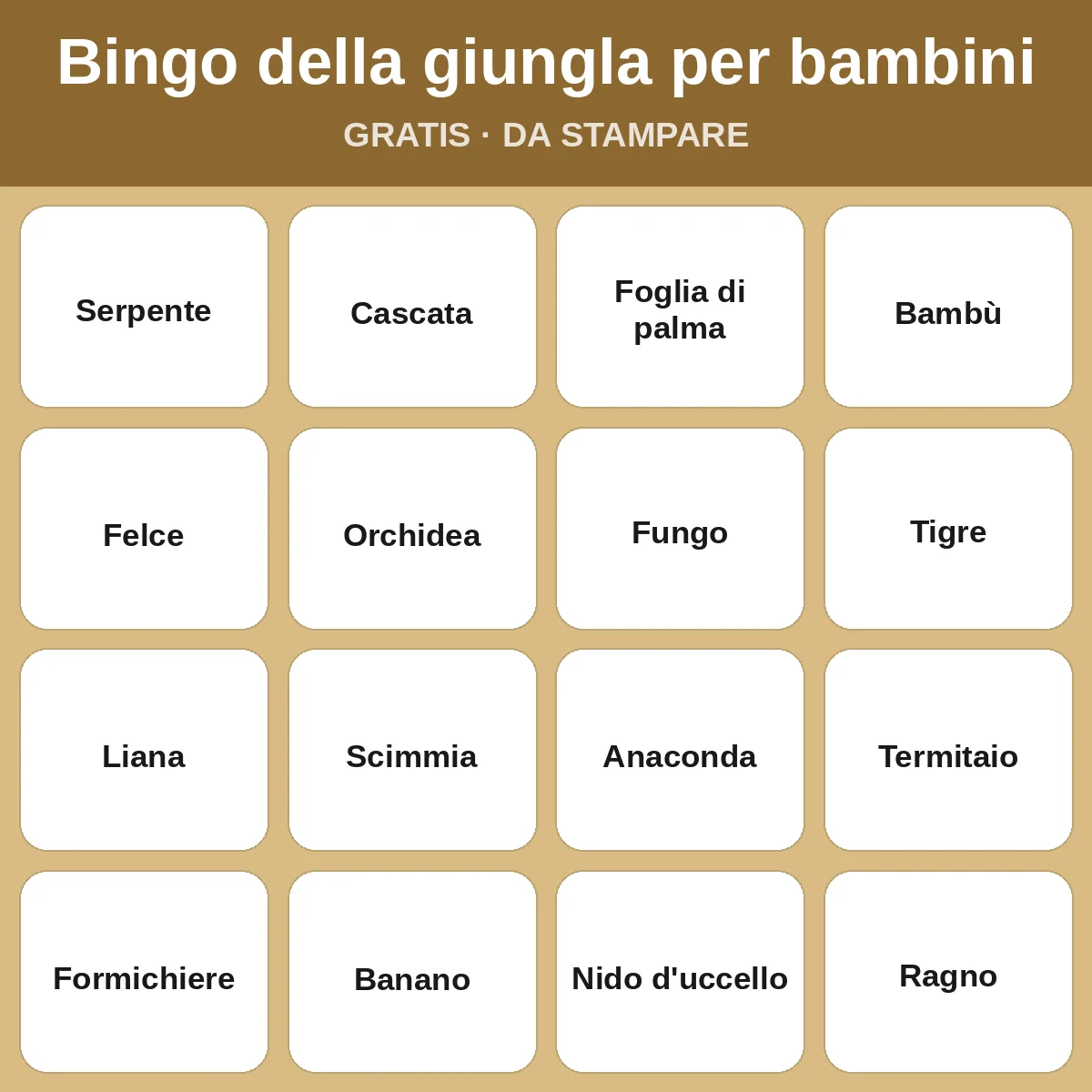 Bingo della giungla per bambini – bingo gratis da stampare per bambini