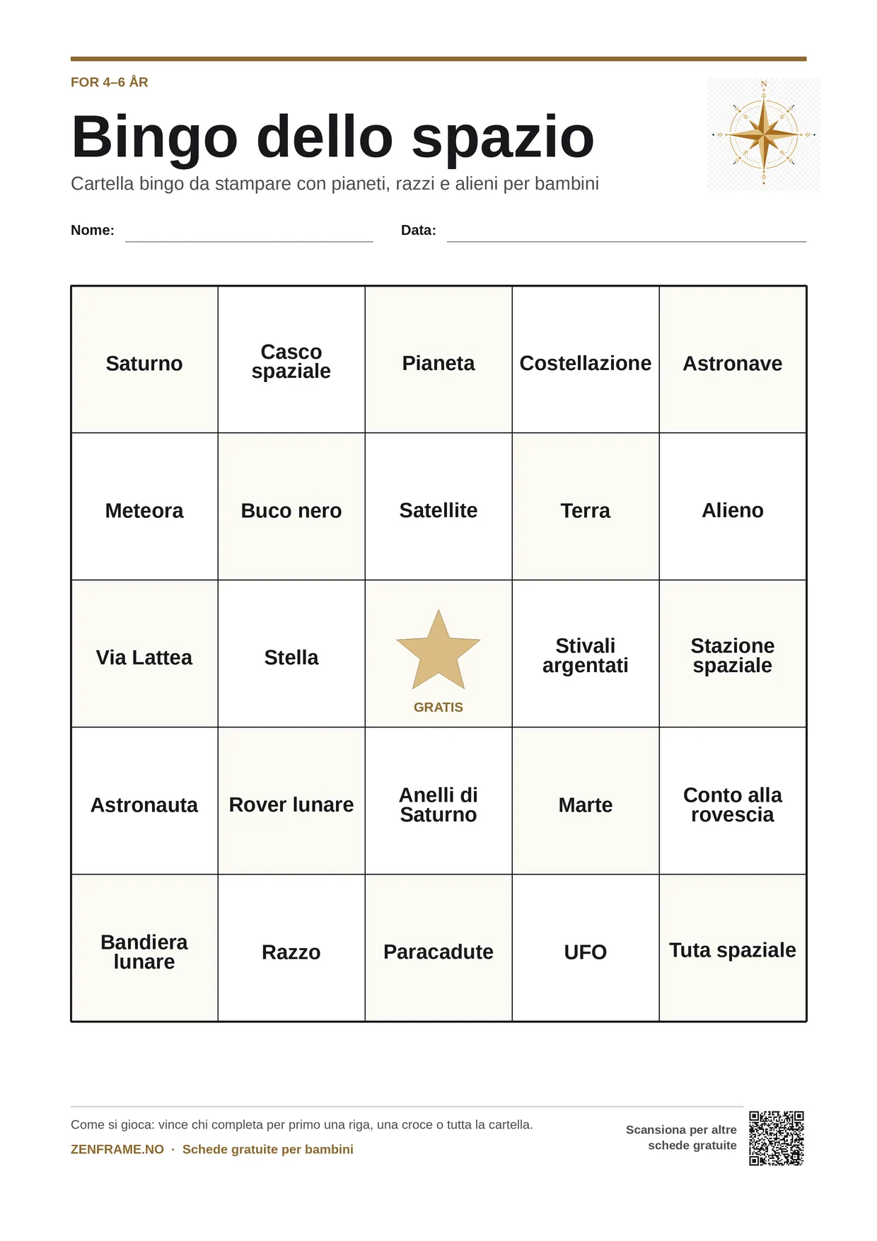Bingo dello spazio per bambini 4–6 anni – cartella A4 gratis da stampare