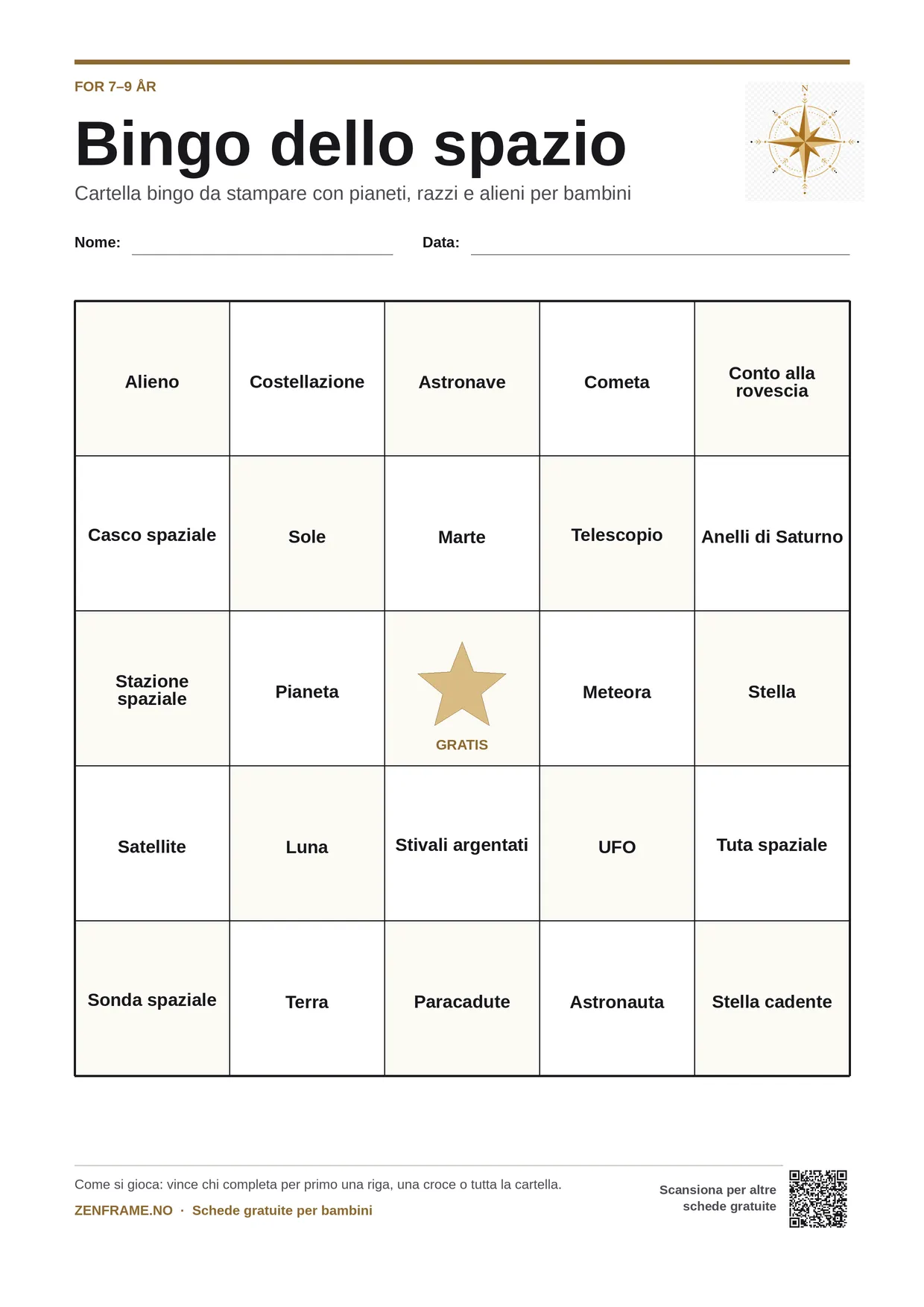 Bingo dello spazio per bambini 7–9 anni – cartella A4 gratis da stampare