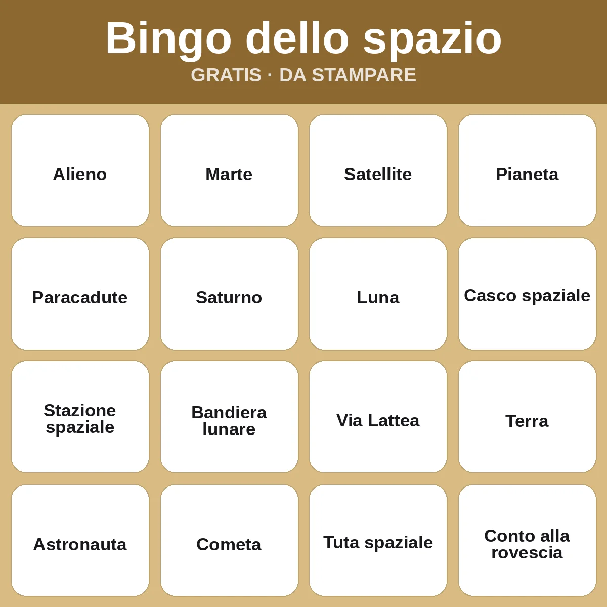 Bingo dello spazio – bingo gratis da stampare per bambini