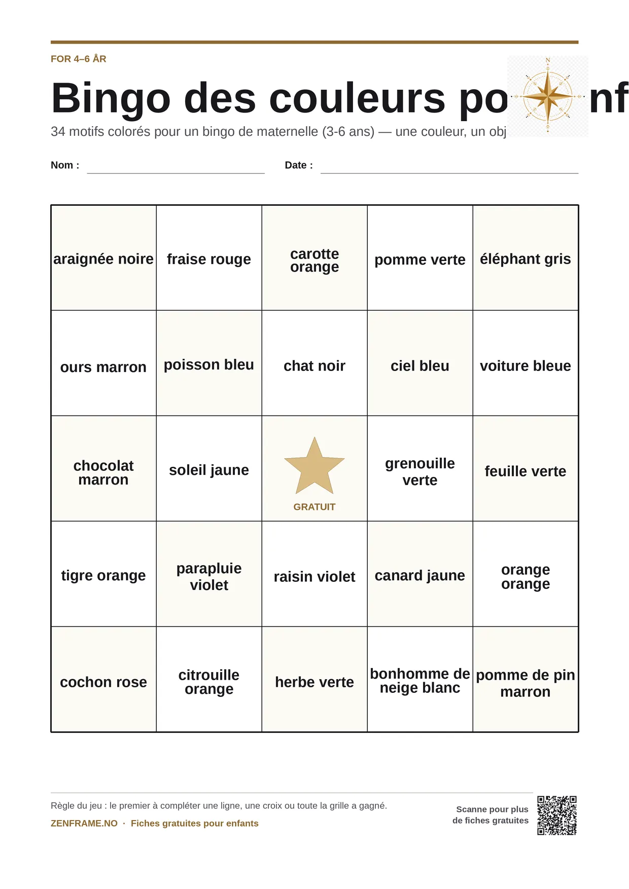 Bingo des couleurs pour enfants 4–6 ans – planche A4 gratuite à imprimer