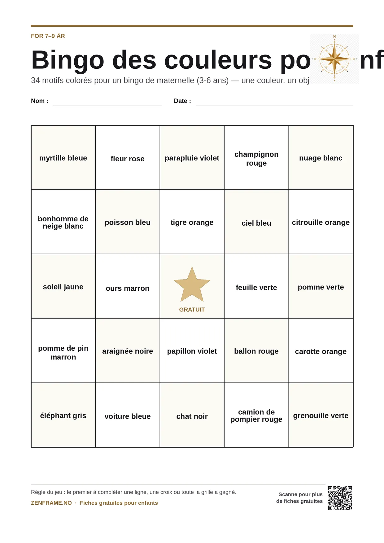 Bingo des couleurs pour enfants 7–9 ans – planche A4 gratuite à imprimer