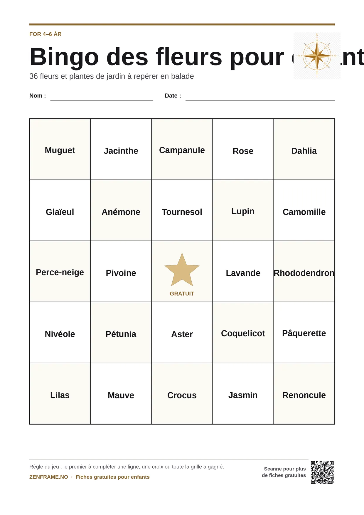 Bingo des fleurs pour enfants 4–6 ans – planche A4 gratuite à imprimer