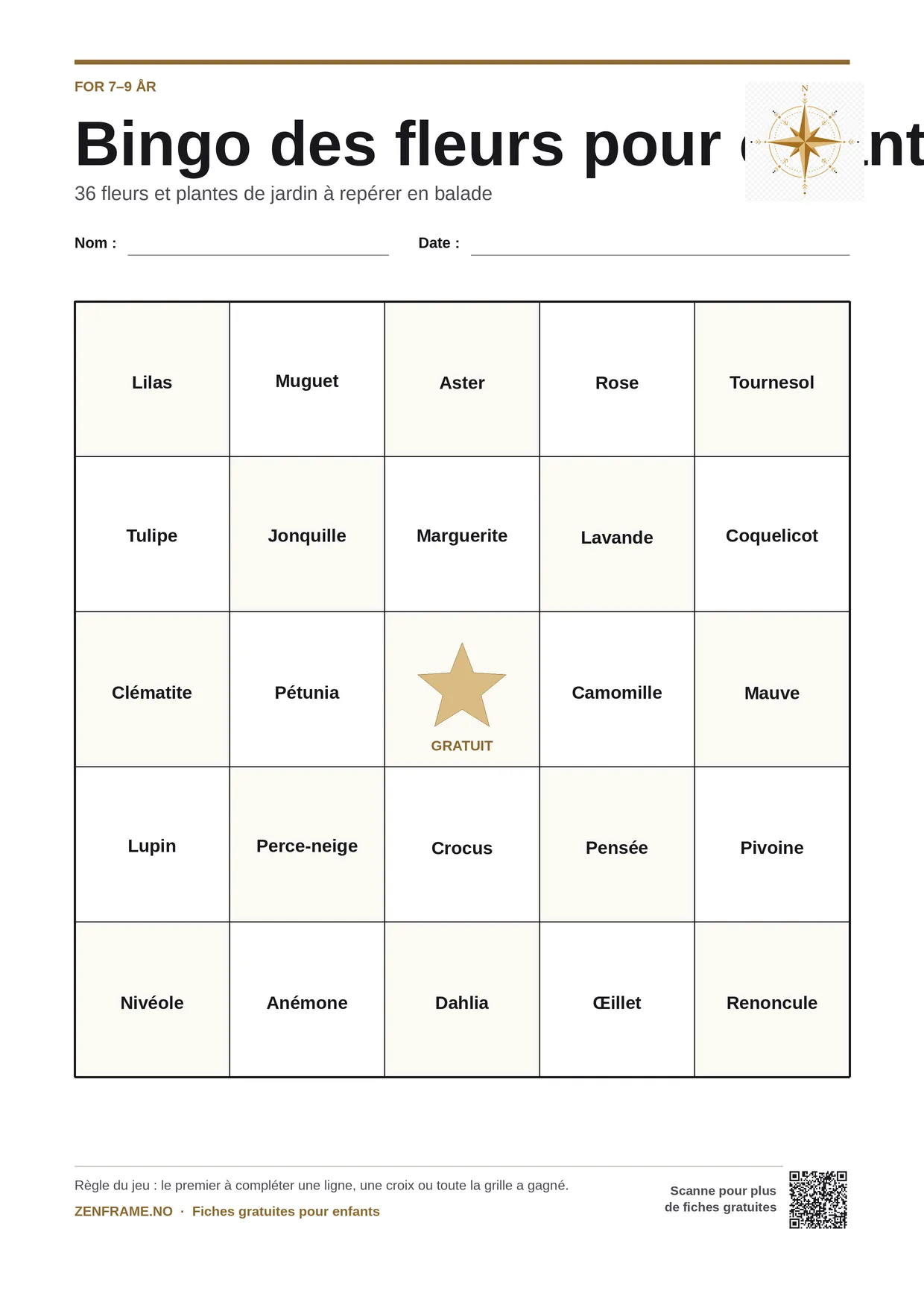 Bingo des fleurs pour enfants 7–9 ans – planche A4 gratuite à imprimer