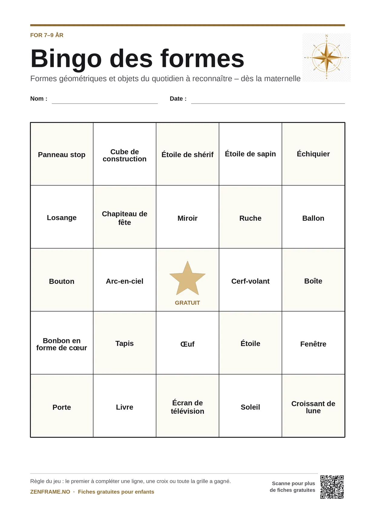 Bingo des formes pour enfants 7–9 ans – planche A4 gratuite à imprimer