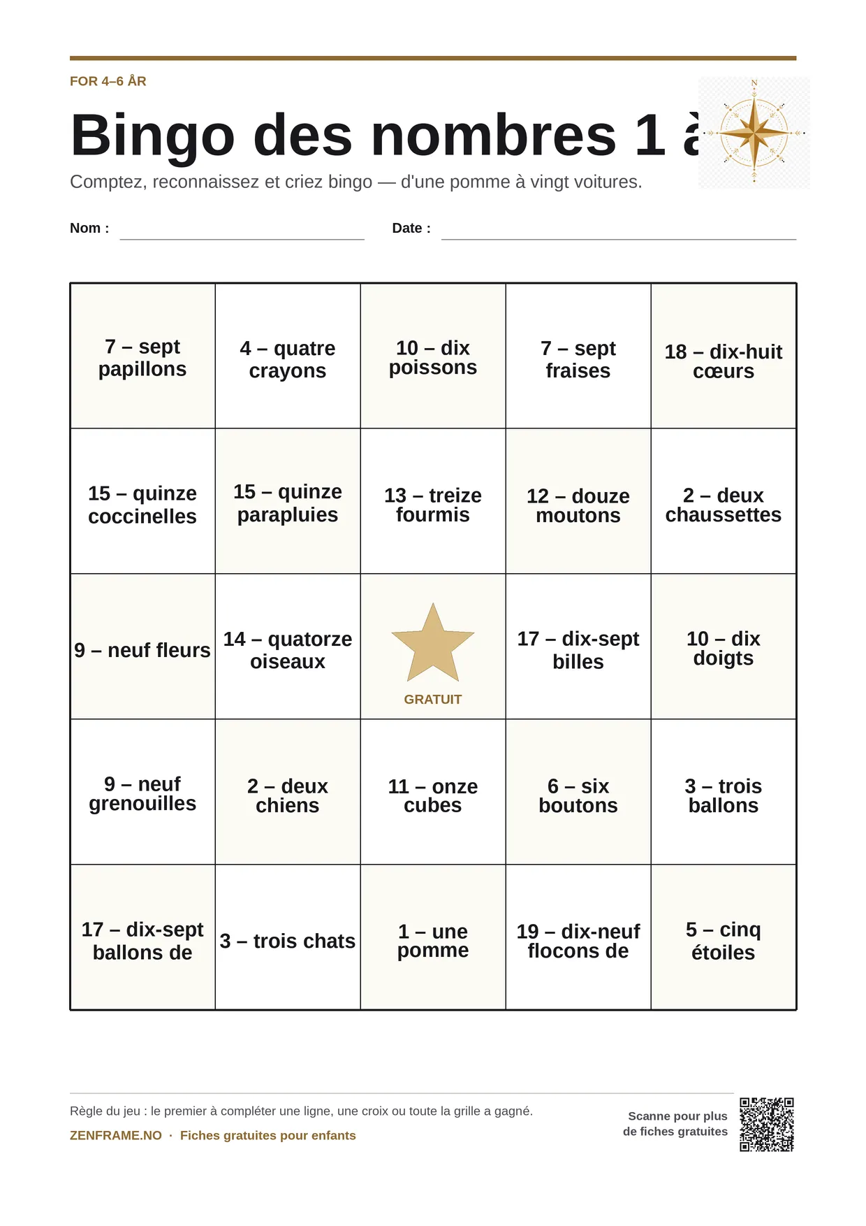 Bingo des nombres 1 à 20 pour enfants 4–6 ans – planche A4 gratuite à imprimer