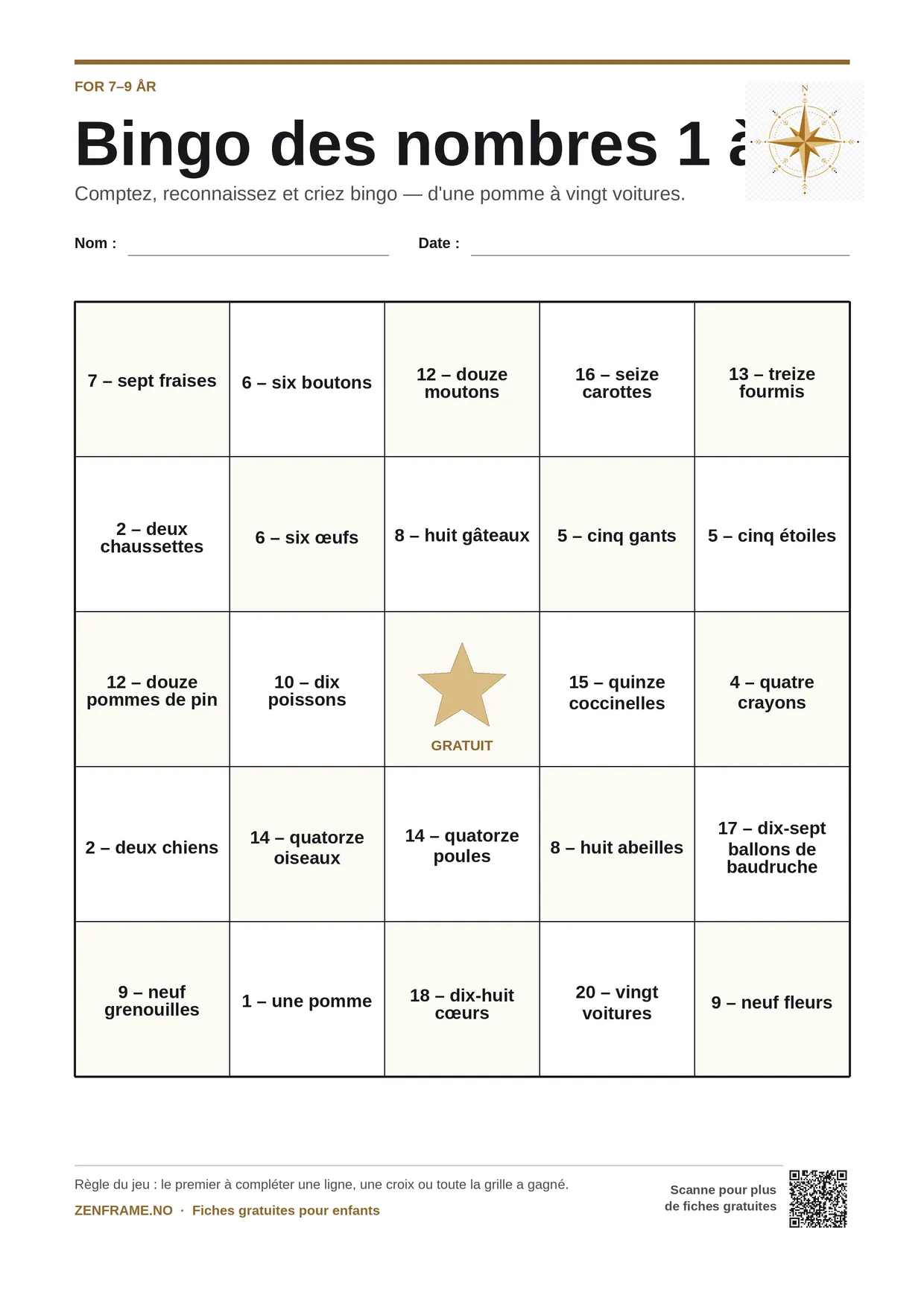 Bingo des nombres 1 à 20 pour enfants 7–9 ans – planche A4 gratuite à imprimer