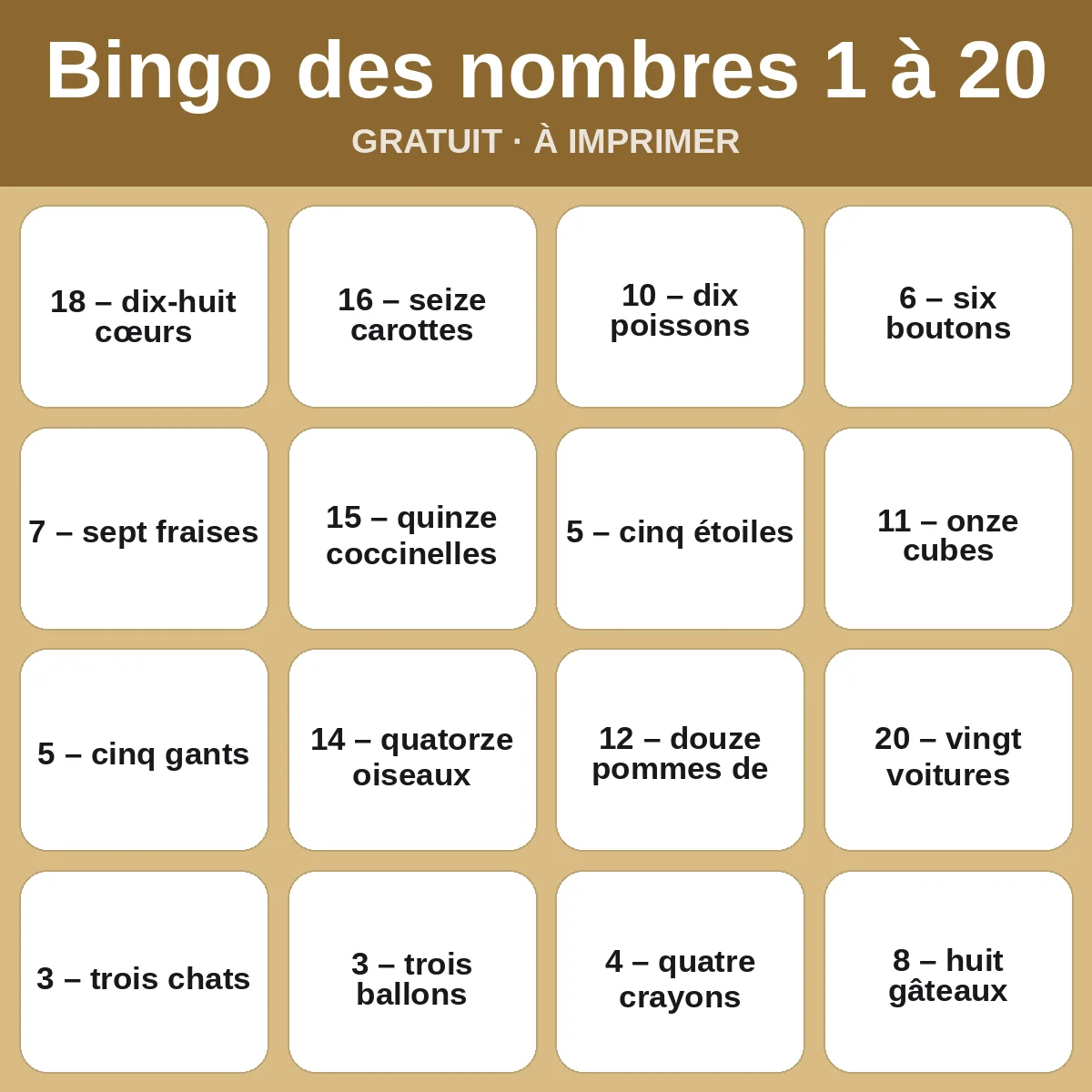 Bingo des nombres 1 à 20 – bingo gratuit à imprimer pour enfants