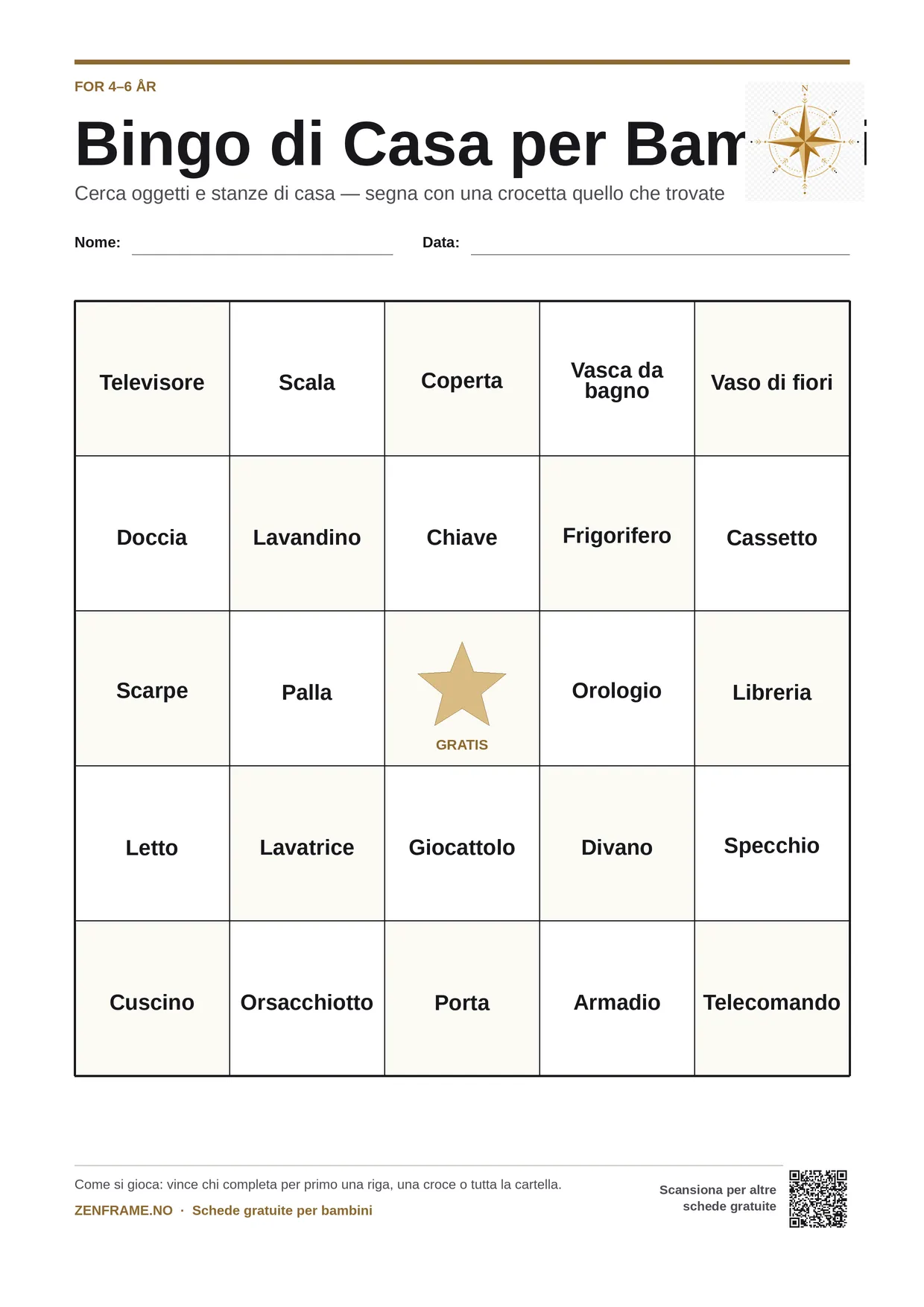 Bingo di Casa per bambini 4–6 anni – cartella A4 gratis da stampare