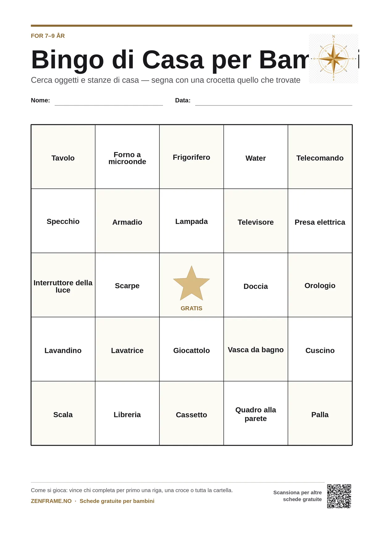Bingo di Casa per bambini 7–9 anni – cartella A4 gratis da stampare