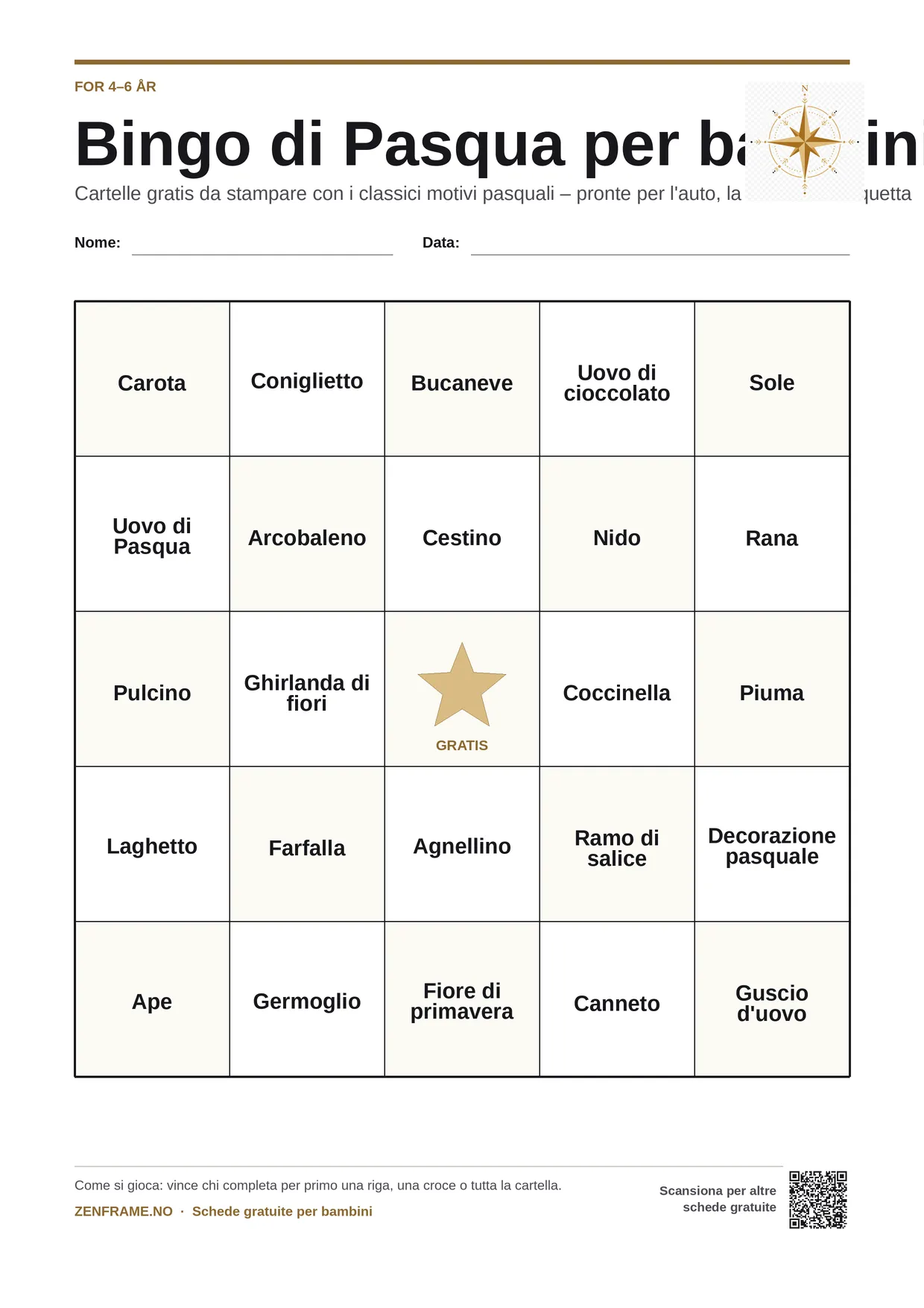 Bingo di Pasqua per bambini 4–6 anni – cartella A4 gratis da stampare