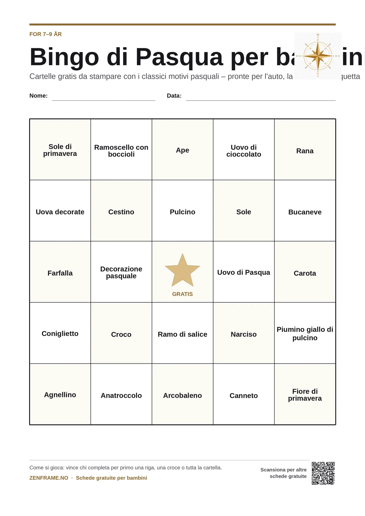 Bingo di Pasqua per bambini 7–9 anni – cartella A4 gratis da stampare