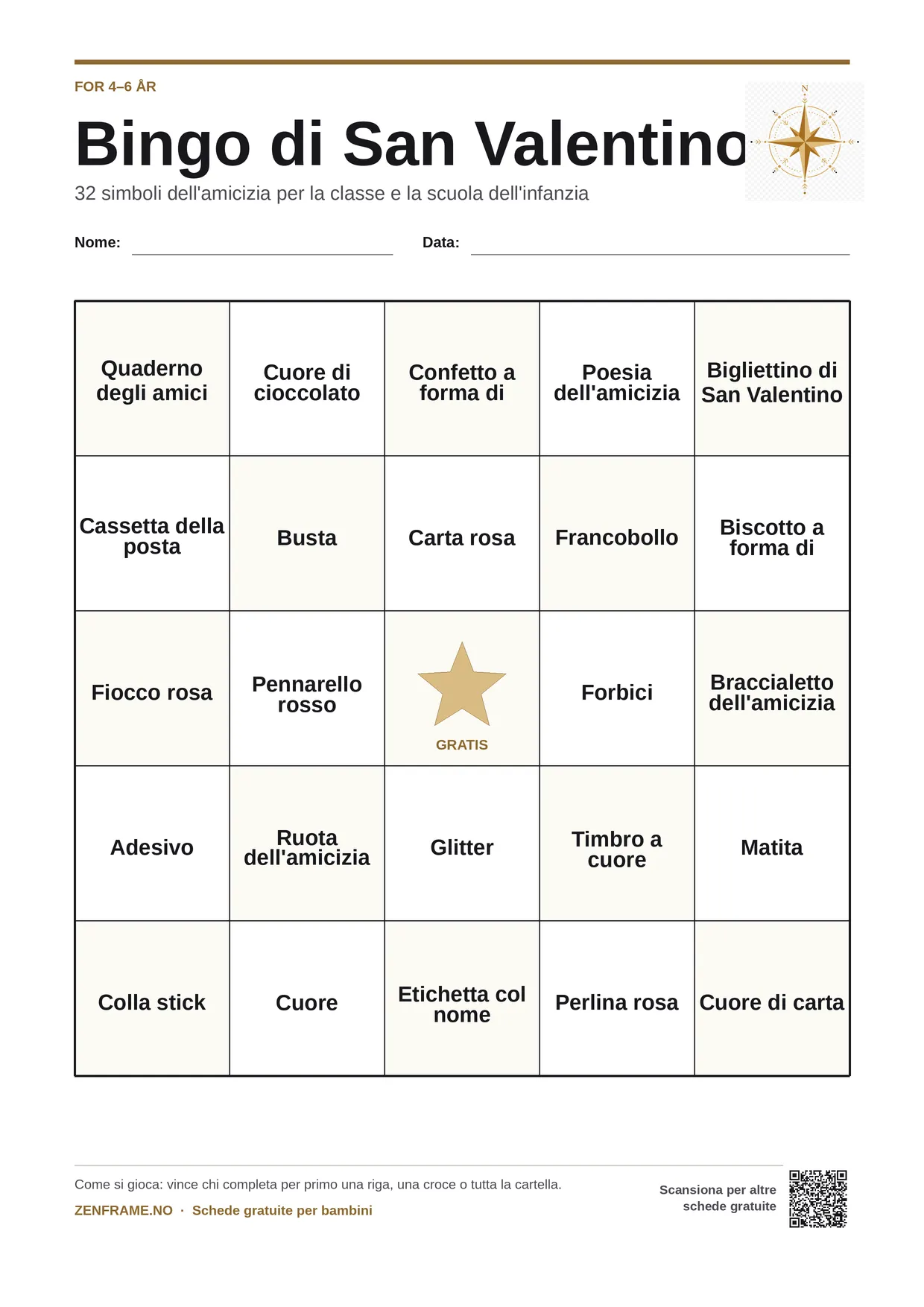 Bingo di San Valentino per bambini 4–6 anni – cartella A4 gratis da stampare