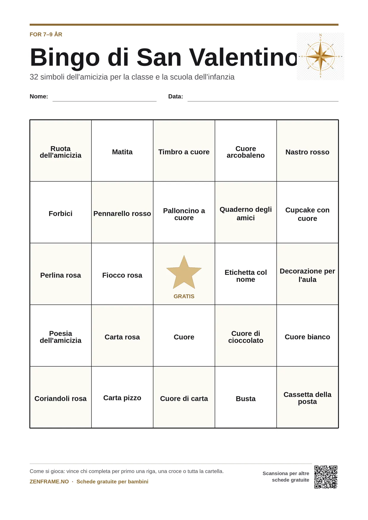 Bingo di San Valentino per bambini 7–9 anni – cartella A4 gratis da stampare