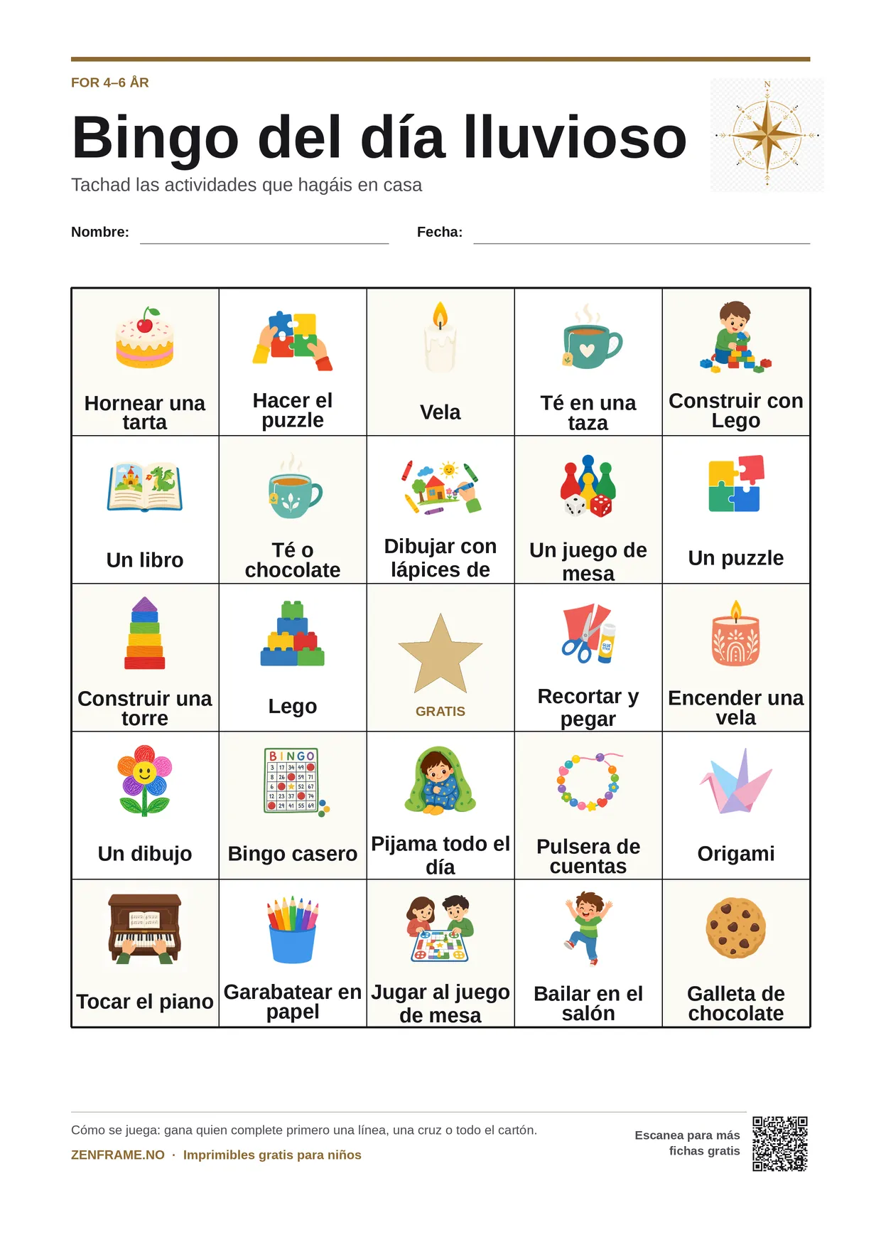 Bingo del día lluvioso para niños 4–6 años – tablero A4 gratis para imprimir