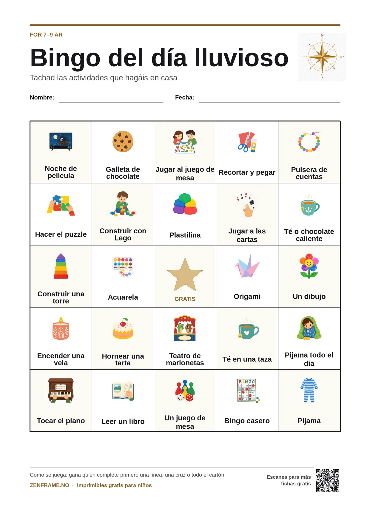 Bingo del día lluvioso para niños 7–9 años – tablero A4 gratis para imprimir