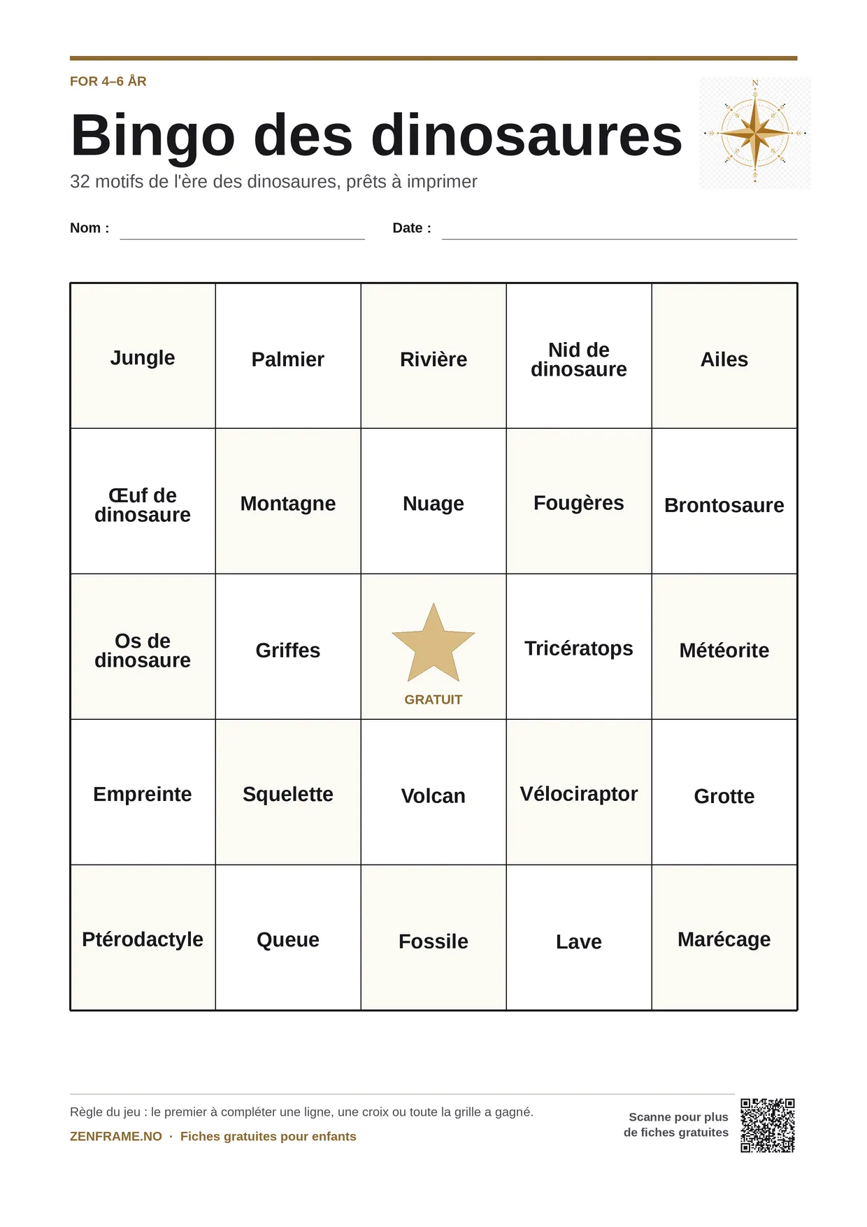 Bingo des dinosaures pour enfants 4–6 ans – planche A4 gratuite à imprimer