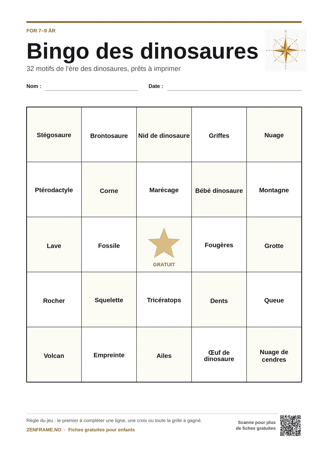 Bingo des dinosaures pour enfants 7–9 ans – planche A4 gratuite à imprimer