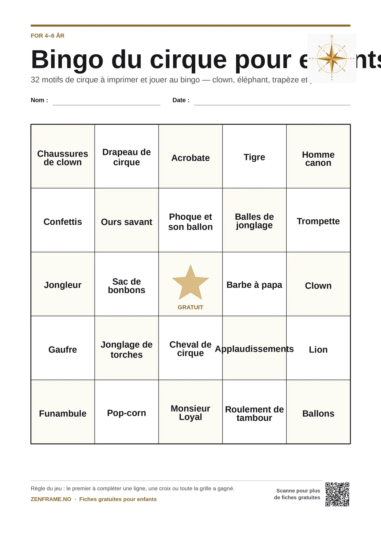 Bingo du cirque pour enfants 4–6 ans – planche A4 gratuite à imprimer