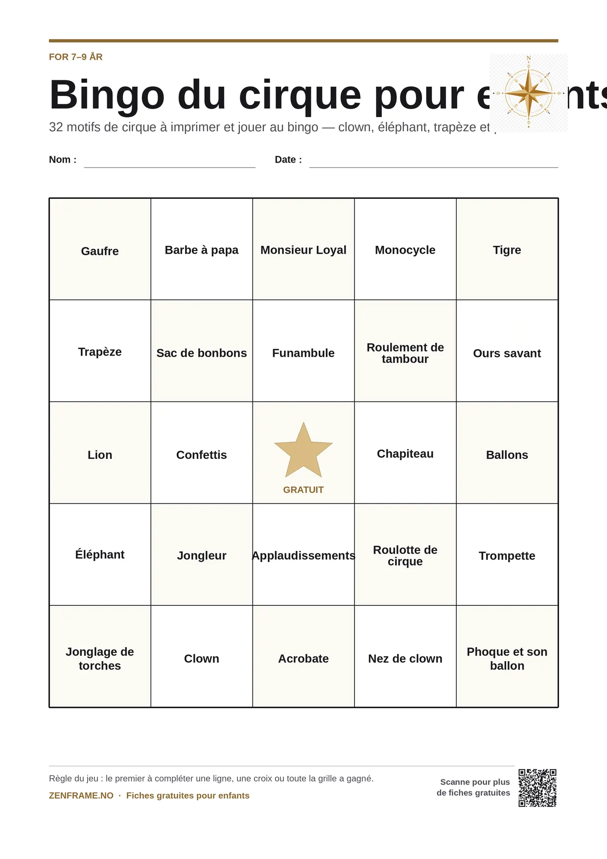 Bingo du cirque pour enfants 7–9 ans – planche A4 gratuite à imprimer