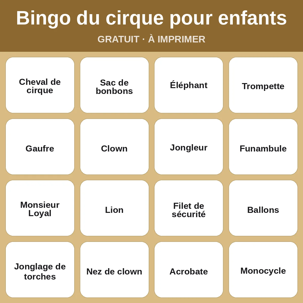 Bingo du cirque pour enfants – bingo gratuit à imprimer pour enfants