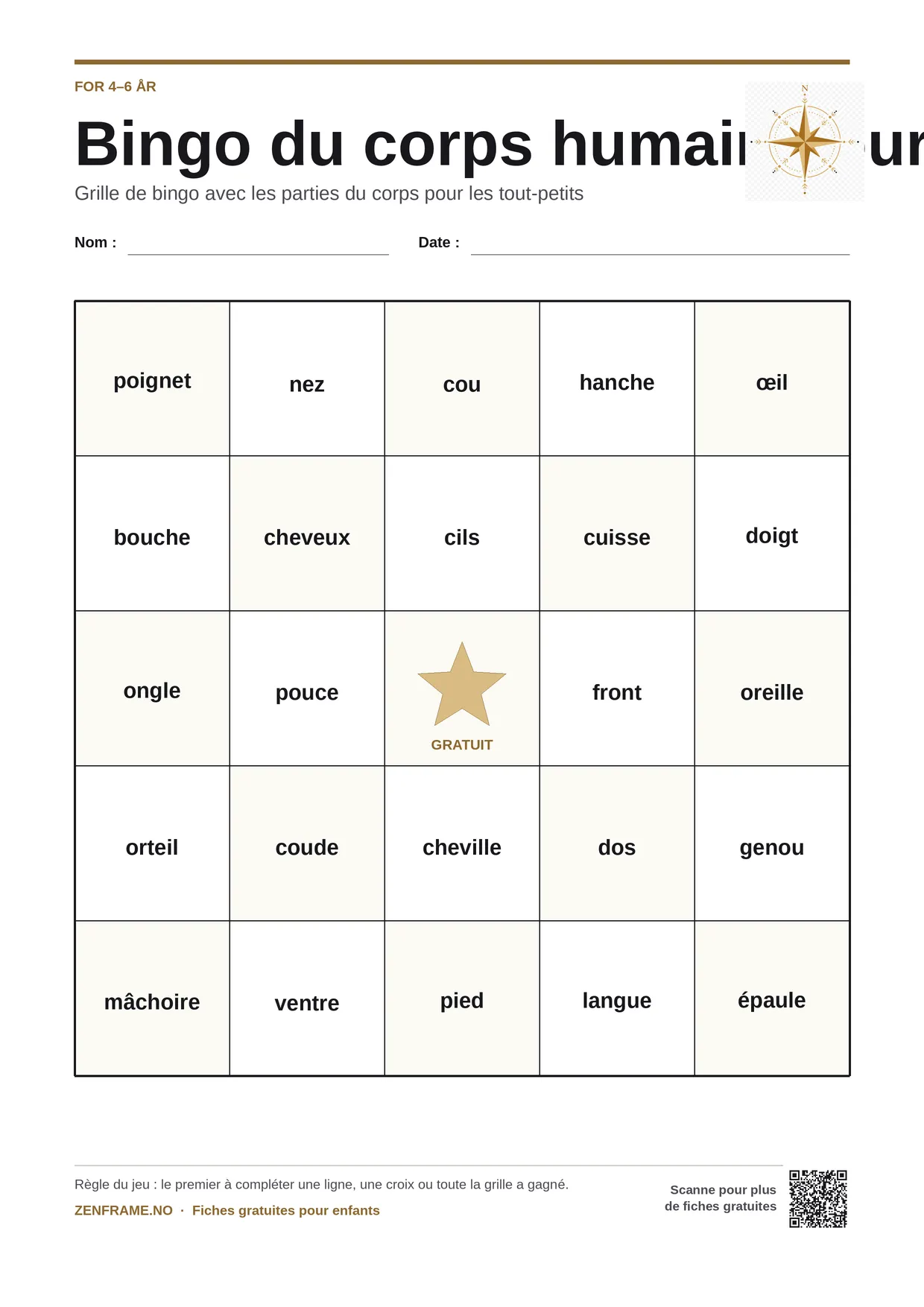 Bingo du corps humain pour enfants 4–6 ans – planche A4 gratuite à imprimer