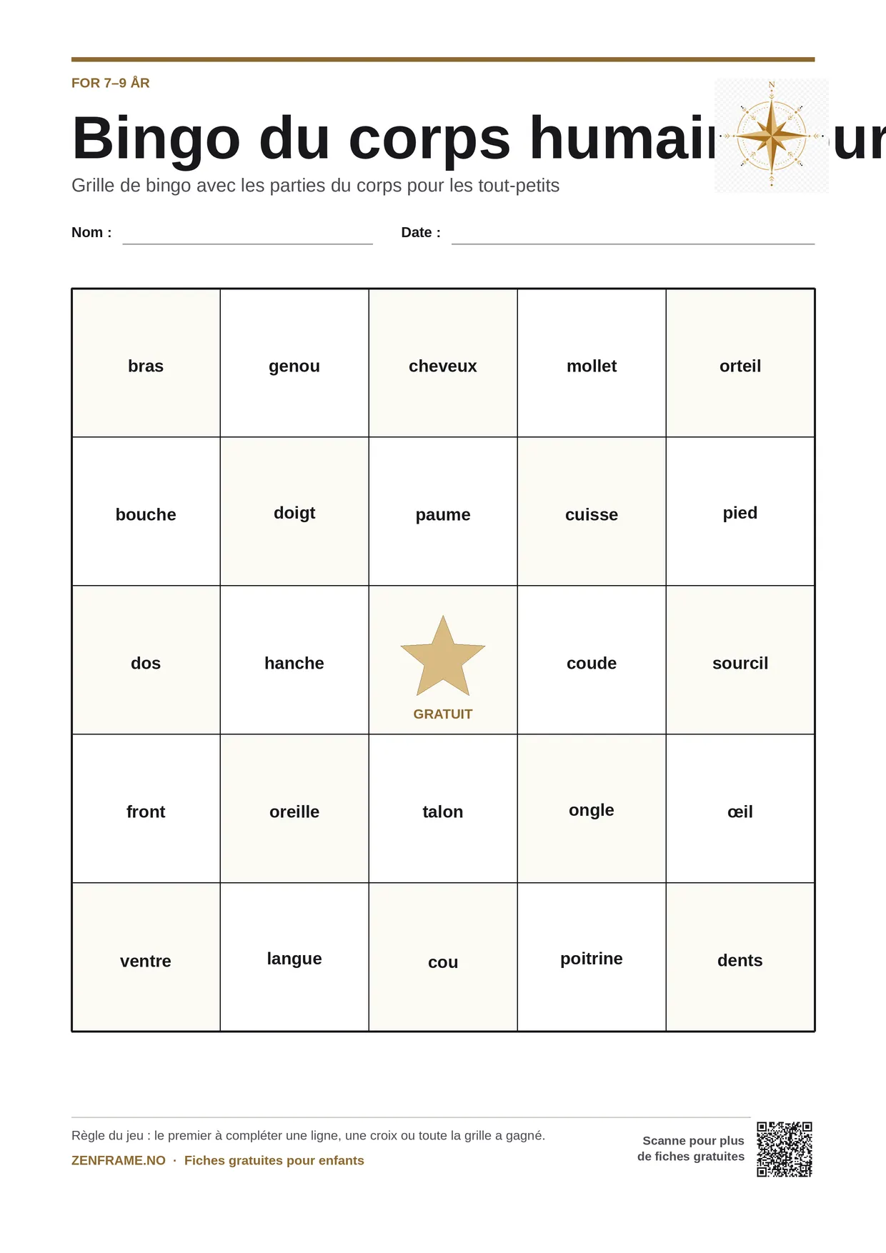 Bingo du corps humain pour enfants 7–9 ans – planche A4 gratuite à imprimer