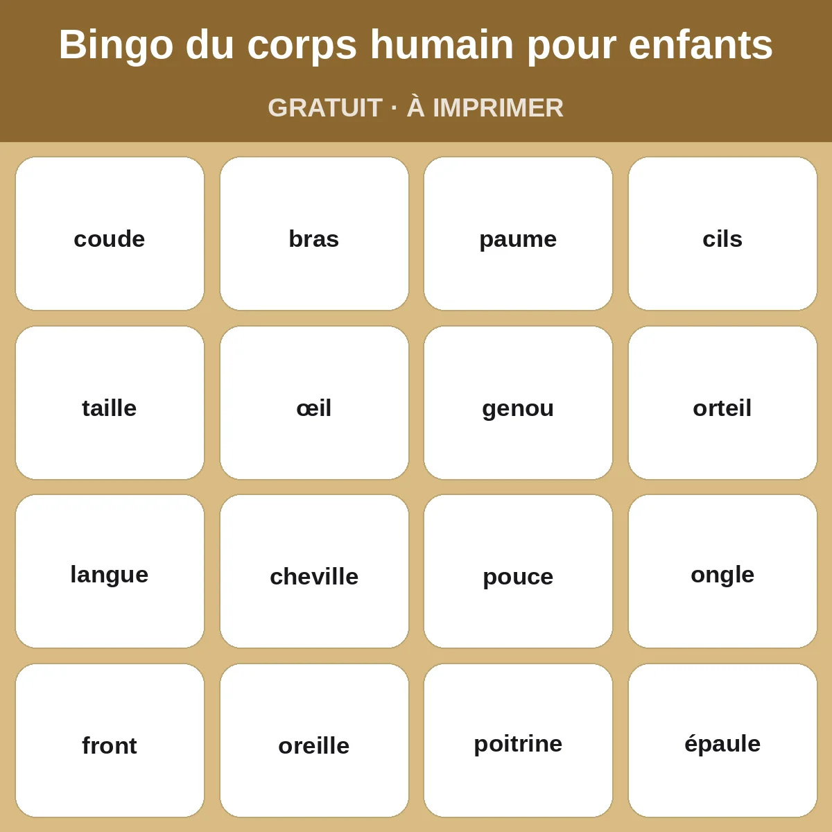Bingo du corps humain pour enfants – bingo gratuit à imprimer pour enfants