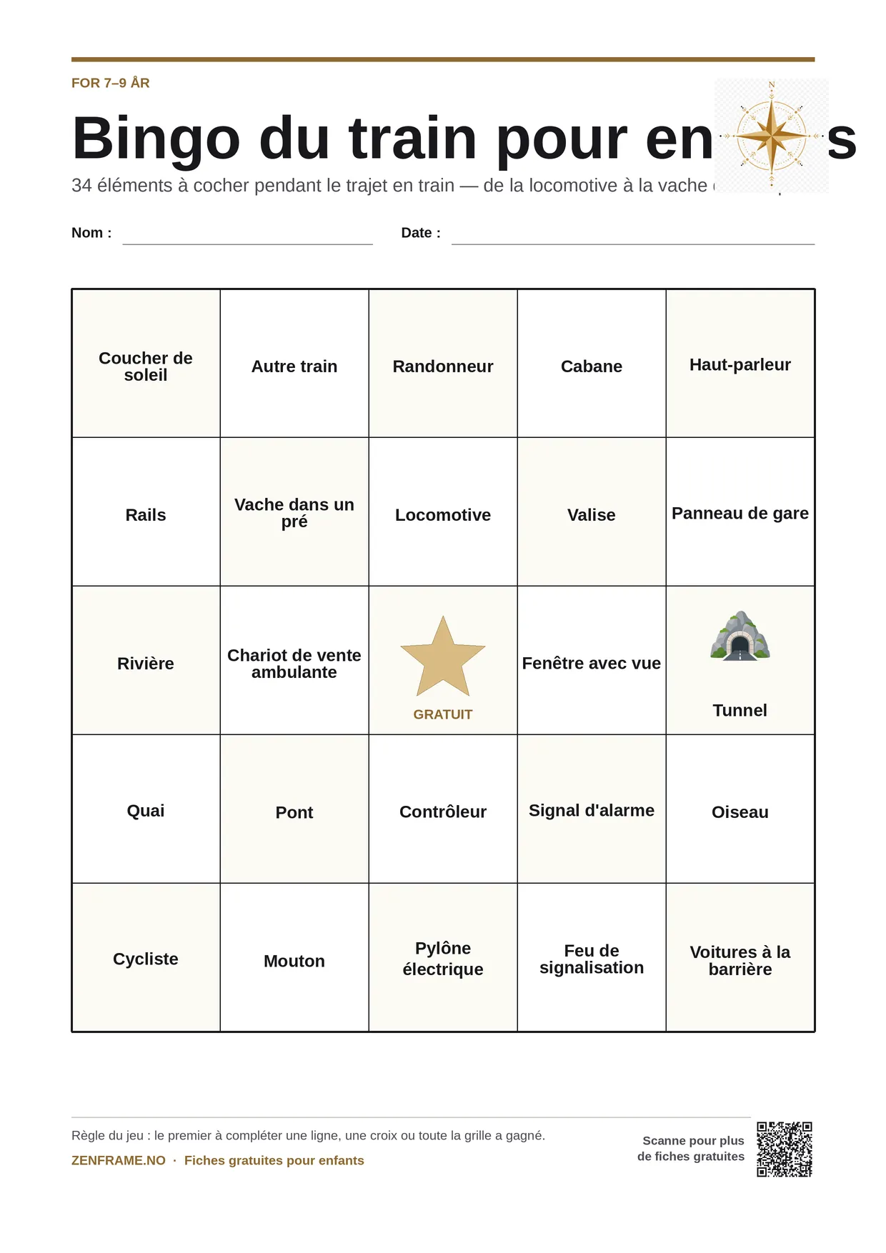 Bingo du train pour enfants 7–9 ans – planche A4 gratuite à imprimer