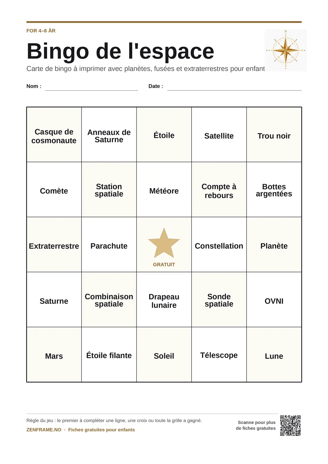 Bingo de l'espace pour enfants 4–6 ans – planche A4 gratuite à imprimer