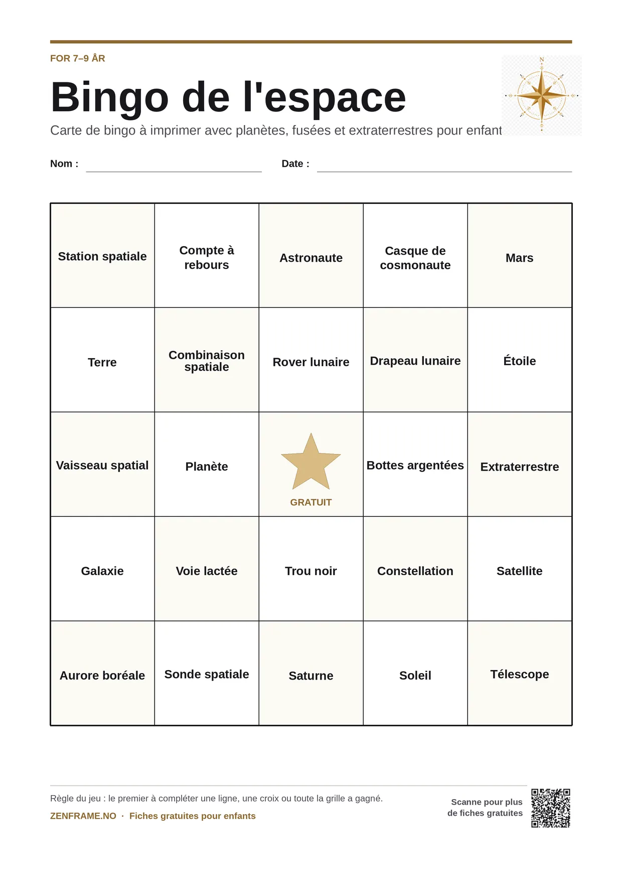 Bingo de l'espace pour enfants 7–9 ans – planche A4 gratuite à imprimer