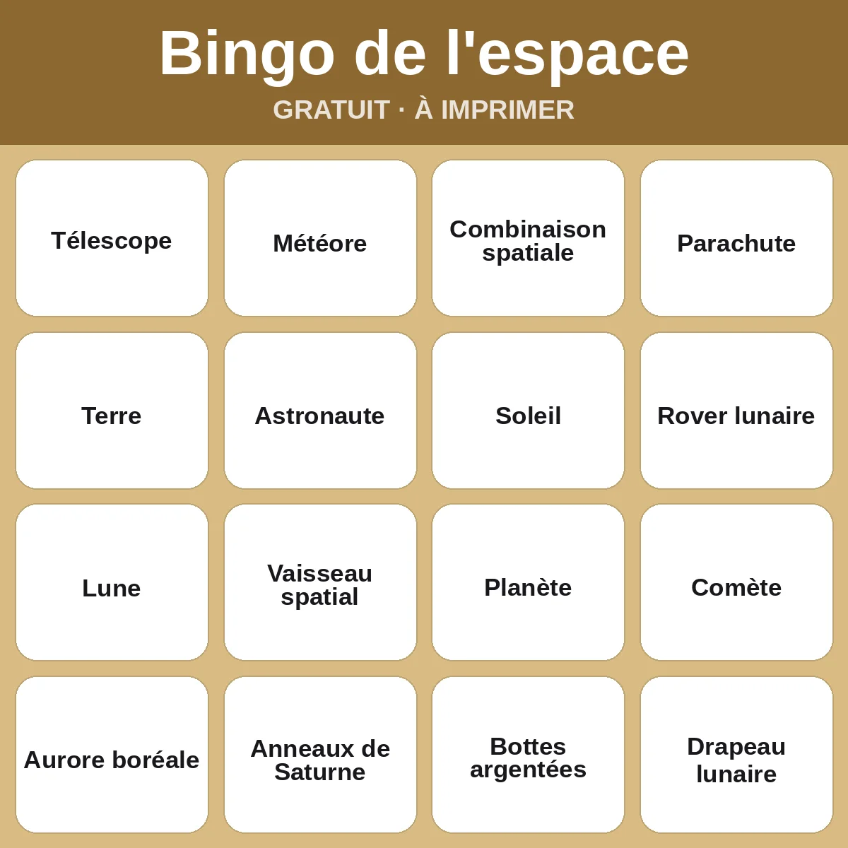 Bingo de l'espace – bingo gratuit à imprimer pour enfants