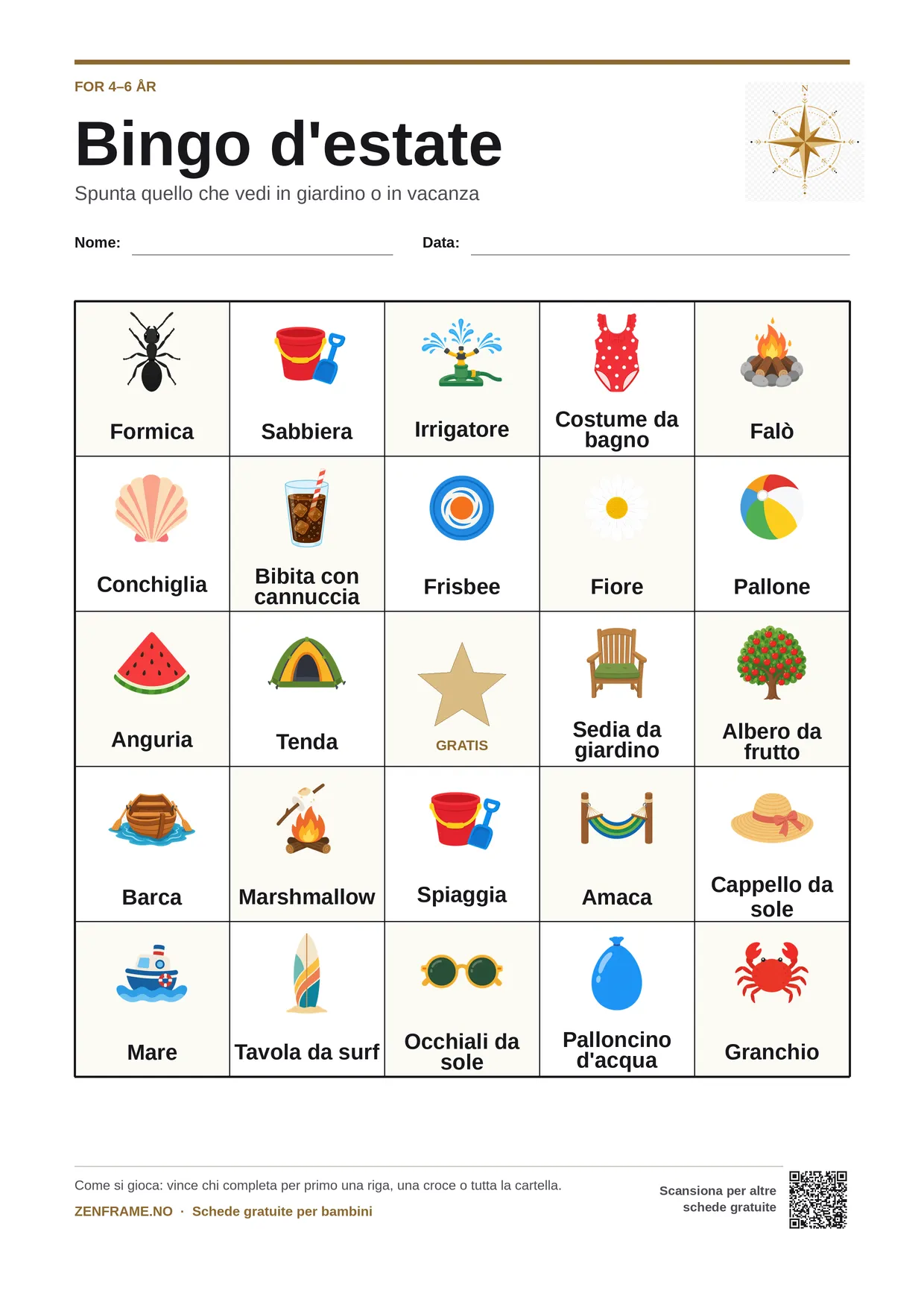 Bingo d'estate per bambini 4–6 anni – cartella A4 gratis da stampare
