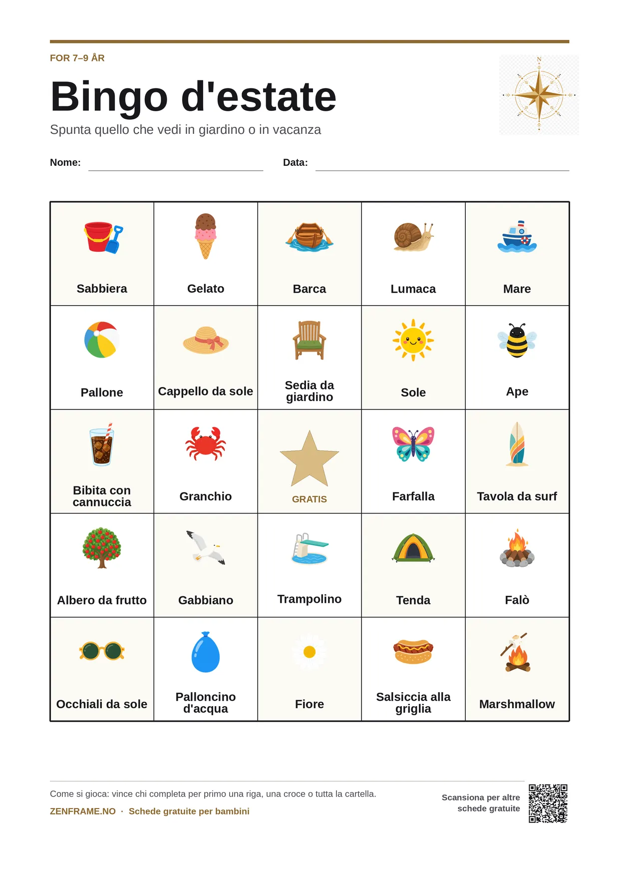 Bingo d'estate per bambini 7–9 anni – cartella A4 gratis da stampare