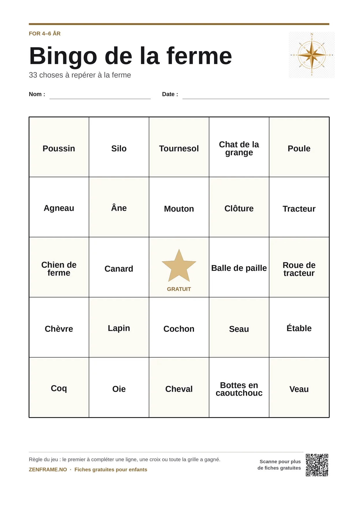 Bingo de la ferme pour enfants 4–6 ans – planche A4 gratuite à imprimer