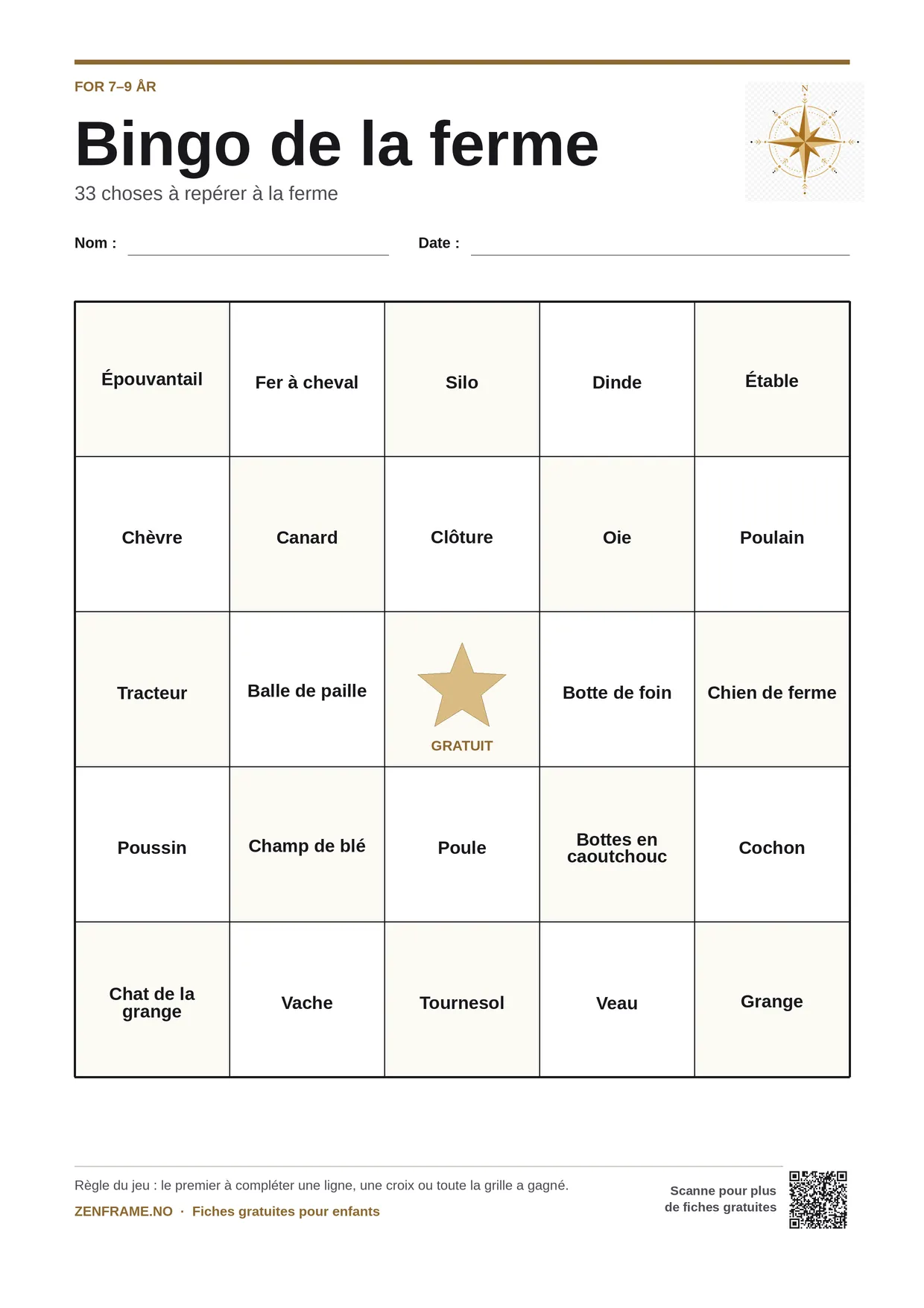 Bingo de la ferme pour enfants 7–9 ans – planche A4 gratuite à imprimer