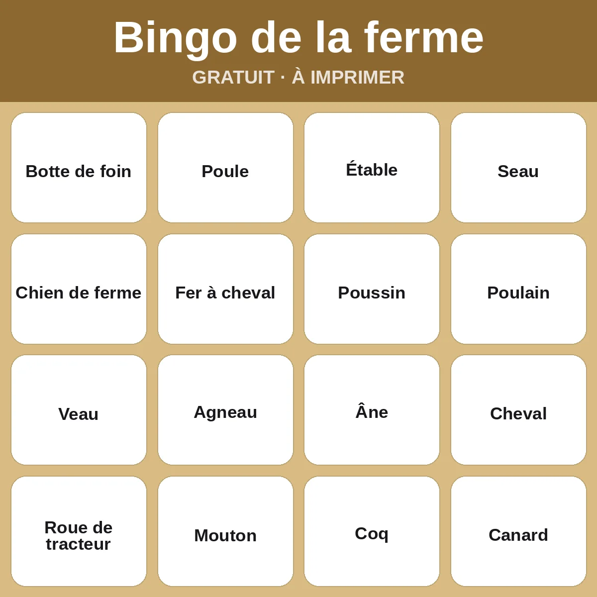Bingo de la ferme – bingo gratuit à imprimer pour enfants