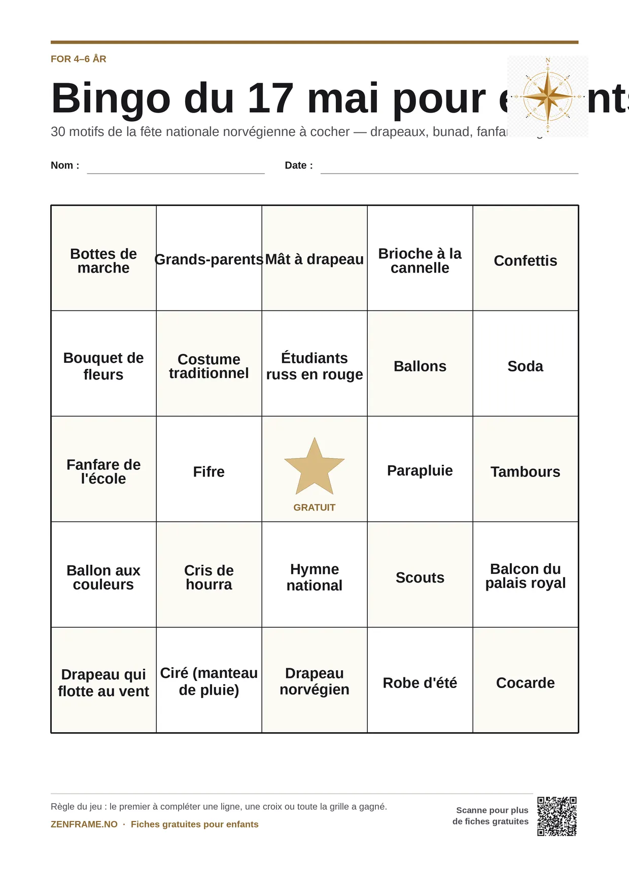 Bingo du 17 mai pour enfants 4–6 ans – planche A4 gratuite à imprimer