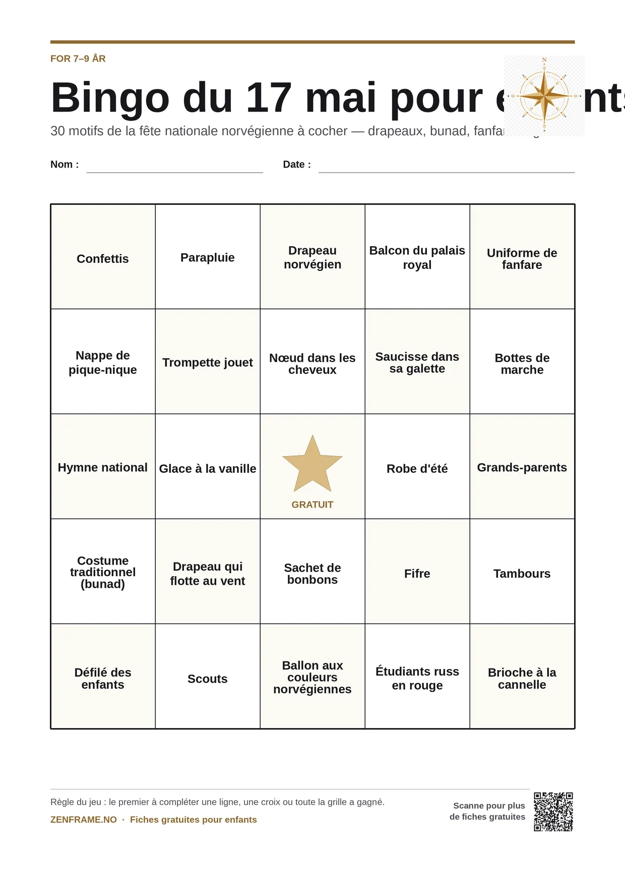 Bingo du 17 mai pour enfants 7–9 ans – planche A4 gratuite à imprimer