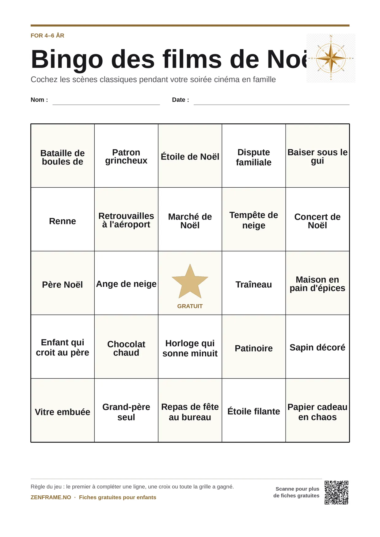 Bingo des films de Noël pour enfants 4–6 ans – planche A4 gratuite à imprimer